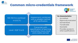Common micro-credentials framework
5
100-150 hrs workload
4-6 ECTS
Assessment combined
with a reliable method
of ID verifi...