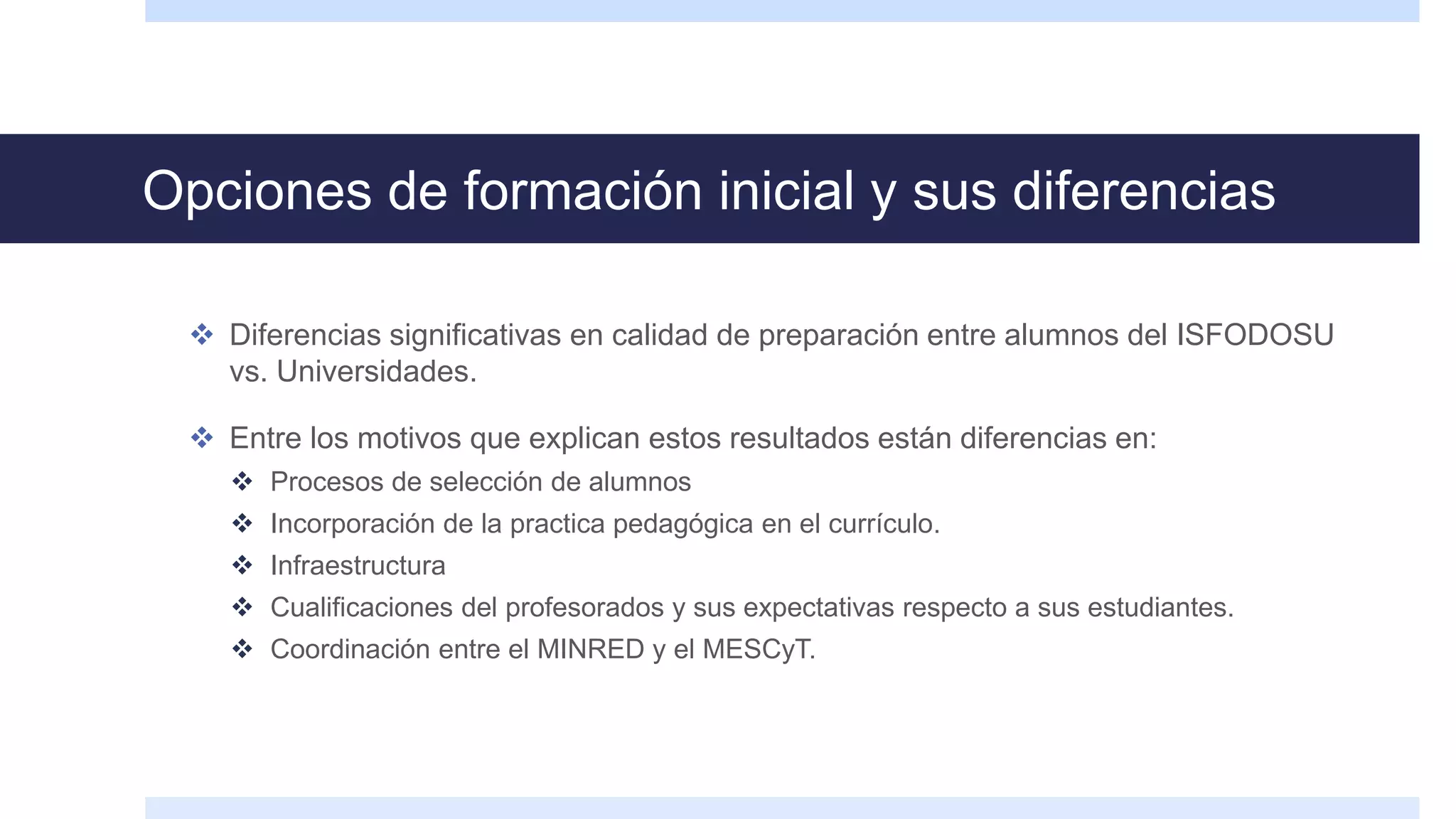 Opciones de formación inicial y sus diferencias
 Diferencias significativas en calidad de preparación entre alumnos del ISFODOSU
vs. Universidades.
 Entre los motivos que explican estos resultados están diferencias en:
 Procesos de selección de alumnos
 Incorporación de la practica pedagógica en el currículo.
 Infraestructura
 Cualificaciones del profesorados y sus expectativas respecto a sus estudiantes.
 Coordinación entre el MINRED y el MESCyT.
 
