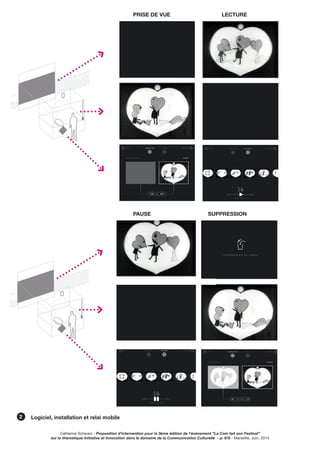 Catherine Schwarz - Proposition d’intervention pour la 3ème édition de l’événement ”La Com fait son Festival”
sur la thématique Initiative et Innovation dans le domaine de la Communication Culturelle - p. 6/8 - Marseille, Juin, 2014
Logiciel, installation et relai mobile2
PRISE DE VUE LECTURE
PAUSE SUPPRESSION
 