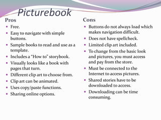 Picturebook
Pros                                     Cons
 Free.                                   Buttons do not always load which
 Easy to navigate with simple               makes navigation difficult.
    buttons.                                Does not have spellcheck.
   Sample books to read and use as a       Limited clip art included.
    template.                               To change from the basic look
   Includes a “How to” storybook.           and pictures, you must access
   Visually looks like a book with          and pay from the store.
    pages that turn.                        Must be connected to the
   Different clip art to choose from.       Internet to access pictures.
   Clip art can be animated.               Shared stories have to be
   Uses copy/paste functions.               downloaded to access.
                                            Downloading can be time
   Sharing online options.
                                             consuming.
 