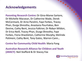 Acknowledgements
Parenting Research Centre: Dr Gina-Maree Sartore,
Dr Michelle Macvean, Dr Catherine Wade, Derek
McCormack, Dr Arno Parolini, Faye Forbes, Tracey
Phan, Durga Shrestha, Anastasia Pourliakas, Ben
Devine, Cathy Bent, Jessica Falkiner, Dr Robyn Mildon,
Dr Erica Neill, Tracey Phan, Durga Shrestha, Faye
Forbes, Fiona Shackleton, Catherine Murphy, Melinda
Polimeni, Cathy Bent, Tony Gates, Warren Cann…
Centre for Community Child Health: Maria Fong
Australian Research Alliance for Children and Youth
(ARACY): Neil Stafford & Dr Stacey Fox
 