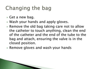    Get a new bag.
   Wash your hands and apply gloves.
   Remove the old bag taking care not to allow
    the catheter to touch anything, clean the end
    of the catheter and the end of the tube to the
    bag and attach, ensuring the valve is in the
    closed position.
   Remove gloves and wash your hands
 