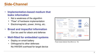 Side-Channel
• Implementation-based medium that
leaks information
• Not a weakness of the algorithm
• "Flaw” of hardware implementation
• Electromagnetic, power, timing, etc.
• Broad and impactful information
Can be used for attack and defense
• Well-fitted for embedded systems
• Deploy on smart battery
• Orthogonal to other defenses
No HW/SW overhead for target device
2
Power-based detector flow [Wei et al. ‘19]
 