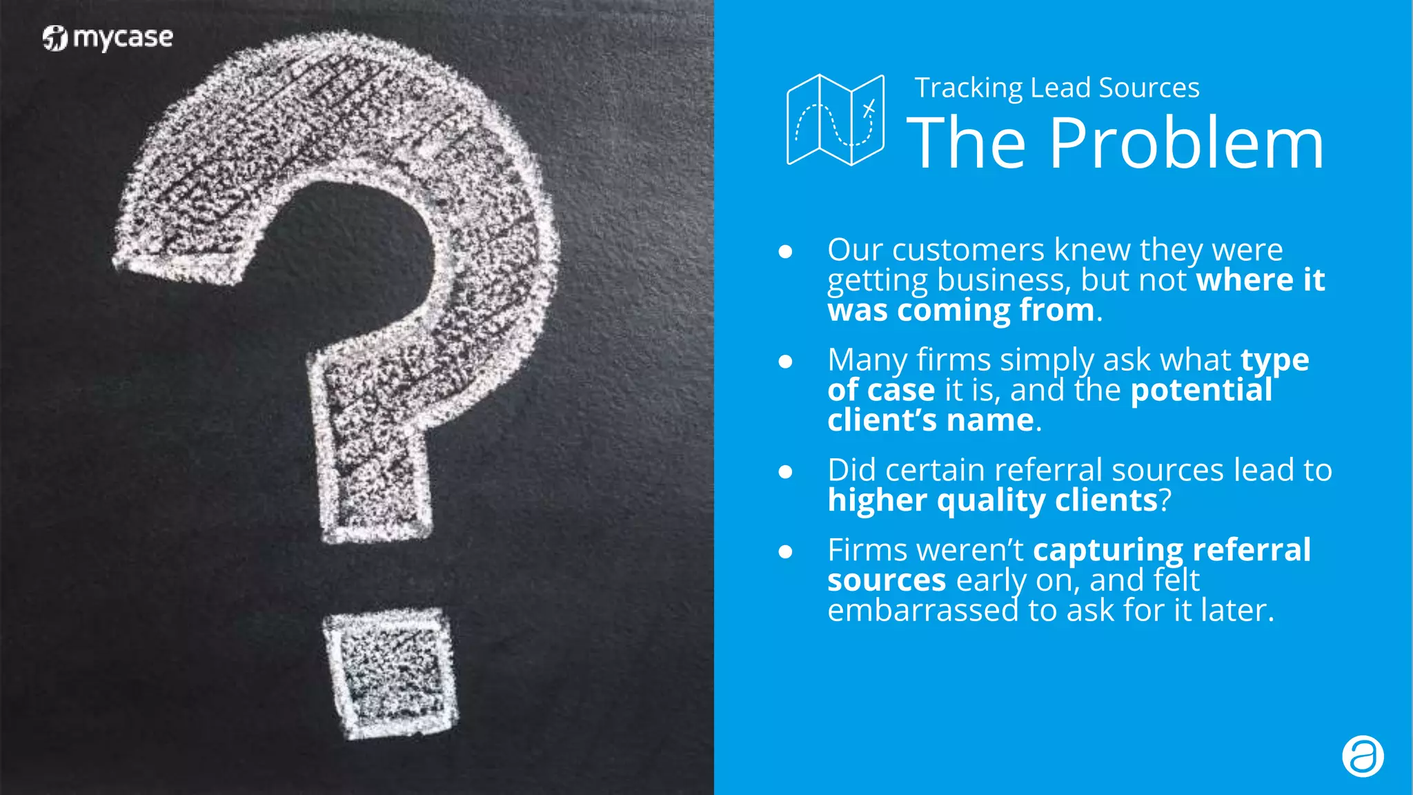 17. 2018 © AppFolio, Inc. Confidential.
● Our customers knew they were
getting business, but not where it
was coming from.
● Many firms simply ask what type
of case it is, and the potential
client’s name.
● Did certain referral sources lead to
higher quality clients?
● Firms weren’t capturing referral
sources early on, and felt
embarrassed to ask for it later.
The Problem
Tracking Lead Sources
 
