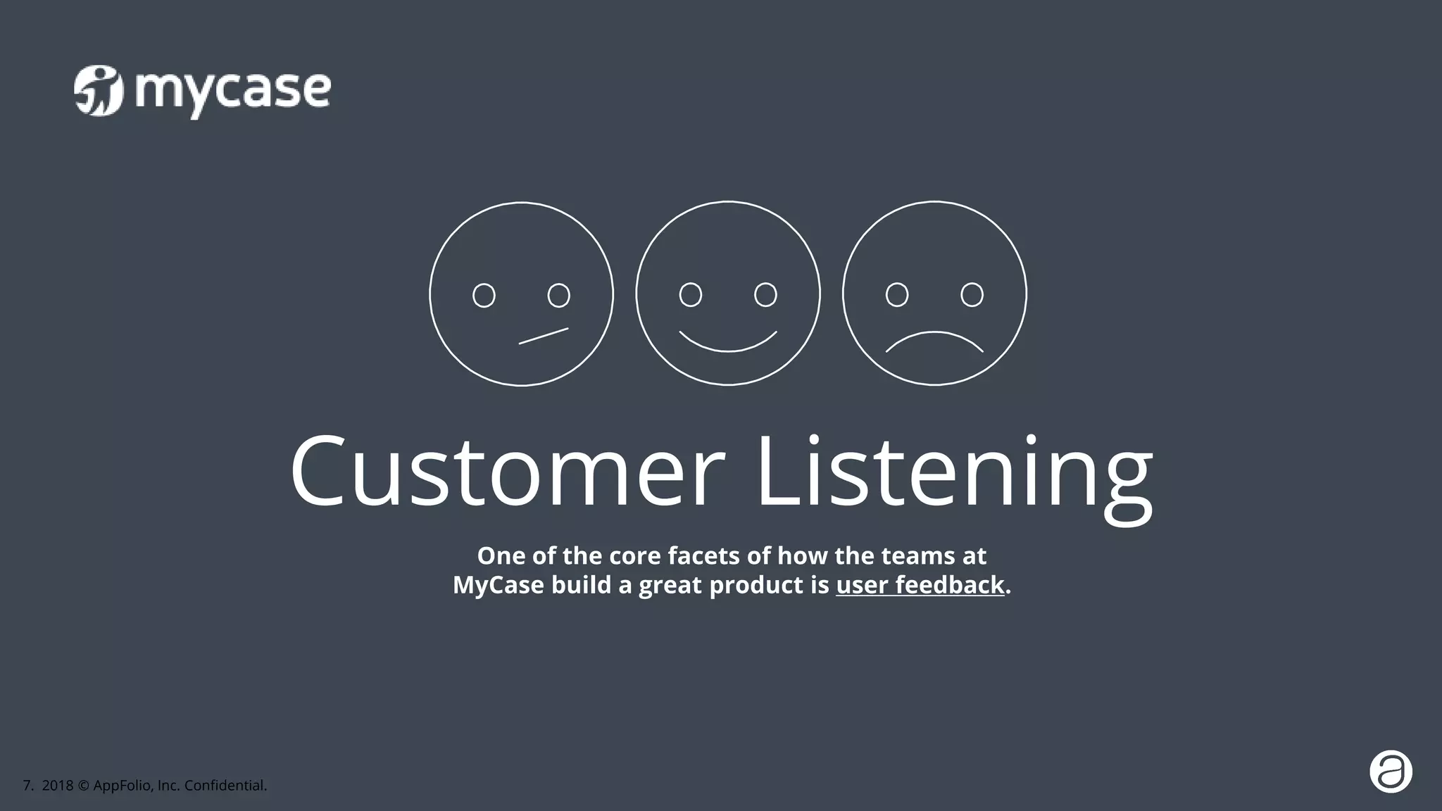 7. 2018 © AppFolio, Inc. Confidential.
Customer Listening
One of the core facets of how the teams at
MyCase build a great product is user feedback.
 