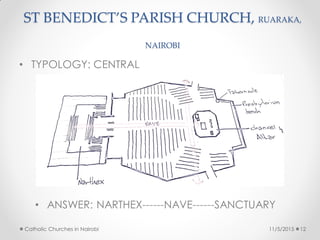 ST BENEDICT’S PARISH CHURCH, RUARAKA,
NAIROBI
• TYPOLOGY: CENTRAL
11/5/2015Catholic Churches in Nairobi 12
 