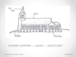 • ANSWER: NARTHEX------NAVE------SANCTUARY
11/5/2015Catholic Churches in Nairobi 5
 