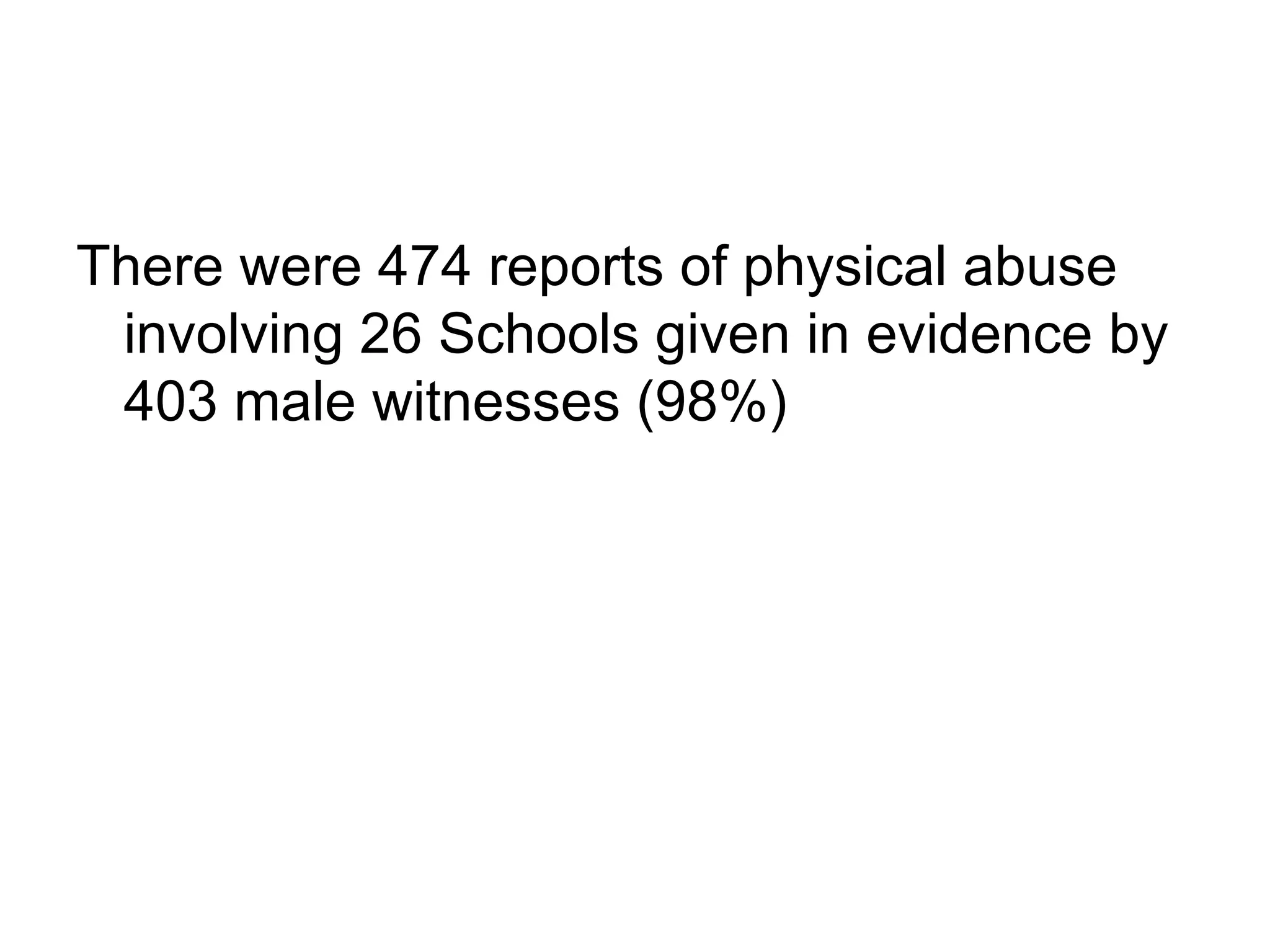 There were 474 reports of physical abuse involving 26 Schools given in evidence by 403 male witnesses (98%)  