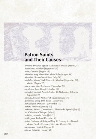 388
Patron Saints
and Their Causes
abortion, protection against, Catherine of Sweden [March 24]
accountants, Matthew [September 21]
actors, Genesius [August 25]
addiction, drug, Maximilian Maria Kolbe [August 14]
advertisers, Bernardino of Siena [May 20]
alcoholics, John of God [March 8], Matthew [September 21],
Monica [August 27]
altar servers, John Berchmans [November 26]
anesthetists, René Goupil [October 19]
animals, Francis of Assisi [October 4], Nicholas of Tolentino
[September 10]
animals, domestic, Anthony of Egypt [January 17]
apprentices, young, John Bosco [January 31]
archaeologists, Damasus I [December 11]
archers, Sebastian [January 20]
architects, Barbara [December 4], Thomas the Apostle [July 3]
art, Catherine of Bologna [May 9]
arthritis, James the Great [July 25]
artillerymen, Barbara [December 4]
artists, Catherine of Bologna [May 9], Fra Angelico (Blessed
John of Fiesole) [February 18], Luke [October 18]
astronomers, Dominic [August 8]
athletes, Sebastian [January 20]
 