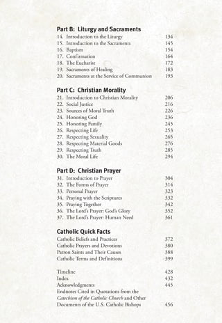 Part B: Liturgy and Sacraments
14. Introduction to the Liturgy 134
15. Introduction to the Sacraments 145
16. Baptism 154
17. Confirmation 164
18. The Eucharist 172
19. Sacraments of Healing 183
20. Sacraments at the Service of Communion 193
Part C: Christian Morality
21. Introduction to Christian Morality 206
22. Social Justice 216
23. Sources of Moral Truth 226
24. Honoring God 236
25. Honoring Family 245
26. Respecting Life 253
27. Respecting Sexuality 265
28. Respecting Material Goods 276
29. Respecting Truth 285
30. The Moral Life 294
Part D: Christian Prayer
31. Introduction to Prayer 304
32. The Forms of Prayer 314
33. Personal Prayer 323
34. Praying with the Scriptures 332
35. Praying Together 342
36. The Lord’s Prayer: God’s Glory 352
37. The Lord’s Prayer: Human Need 361
Catholic Quick Facts
Catholic Beliefs and Practices 372
Catholic Prayers and Devotions 380
Patron Saints and Their Causes 388
Catholic Terms and Definitions 399
Timeline 428
Index 432
Acknowledgments 445
Endnotes Cited in Quotations from the
Catechism of the Catholic Church and Other
Documents of the U.S. Catholic Bishops 456
 