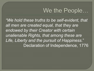 “We hold these truths to be self-evident, that 
all men are created equal, that they are 
endowed by their Creator with certain 
unalienable Rights, that among these are 
Life, Liberty and the pursuit of Happiness.” 
Declaration of Independence, 1776 
 