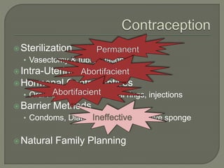 Sterilization 
• Vasectomy & tubal ligation 
 Intra-Uterine Device (IUD) 
Hormonal Contraceptives 
• Oral Pills, patches, vaginal rings, injections 
Barrier Methods 
• Condoms, Diaphragms contraceptive sponge 
Natural Family Planning 
 