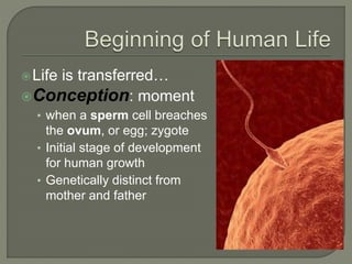  Life is transferred… 
Conception: moment 
• when a sperm cell breaches 
the ovum, or egg; zygote 
• Initial stage of development 
for human growth 
• Genetically distinct from 
mother and father 
 