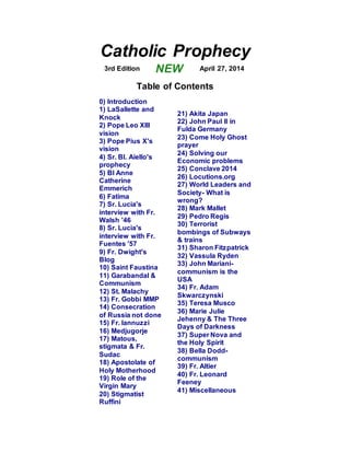 Catholic Prophecy
3rd Edition NEW April 27, 2014
Table of Contents
0) Introduction
1) LaSallette and
Knock
2) Pope Leo XIII
vision
3) Pope Pius X's
vision
4) Sr. Bl. Aiello's
prophecy
5) Bl Anne
Catherine
Emmerich
6) Fatima
7) Sr. Lucia's
interview with Fr.
Walsh '46
8) Sr. Lucia's
interview with Fr.
Fuentes '57
9) Fr. Dwight's
Blog
10) Saint Faustina
11) Garabandal &
Communism
12) St. Malachy
13) Fr. Gobbi MMP
14) Consecration
of Russia not done
15) Fr. Iannuzzi
16) Medjugorje
17) Matous,
stigmata & Fr.
Sudac
18) Apostolate of
Holy Motherhood
19) Role of the
Virgin Mary
20) Stigmatist
Ruffini
21) Akita Japan
22) John Paul II in
Fulda Germany
23) Come Holy Ghost
prayer
24) Solving our
Economic problems
25) Conclave 2014
26) Locutions.org
27) World Leaders and
Society- What is
wrong?
28) Mark Mallet
29) Pedro Regis
30) Terrorist
bombings of Subways
& trains
31) Sharon Fitzpatrick
32) Vassula Ryden
33) John Mariani-
communism is the
USA
34) Fr. Adam
Skwarczynski
35) Teresa Musco
36) Marie Julie
Jehenny & The Three
Days of Darkness
37) Super Nova and
the Holy Spirit
38) Bella Dodd-
communism
39) Fr. Altier
40) Fr. Leonard
Feeney
41) Miscellaneous
 