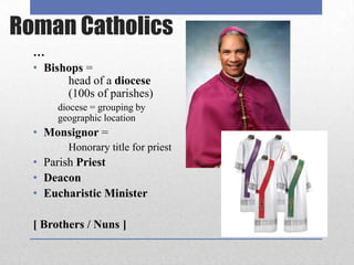 Roman Catholics
  …
  • Bishops =
        head of a diocese
        (100s of parishes)
       diocese = grouping by
       geographic location
  • Monsignor =
         Honorary title for priest
  • Parish Priest
  • Deacon
  • Eucharistic Minister

  [ Brothers / Nuns ]
 