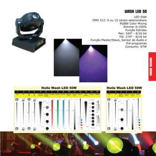 WASH led 285 ZOOM
19 LED X 15W RGBW
DMX 512 – 14 ou 34 canais selecionáveis
LED Display
Cores: Sistema RGBW mixing
Efeito Strobo
Dimmer Eletrônico de 0-100%
Pan: 540/360/180° 8/16Bit
Tilt: 270/180/90° 8/16Bit
Função Master / Slave, Sensor de Áudio
e Pré-programas
Voltagem AC 100-240V, 50/60Hz
Consumo: 320W
MovingHeads
 