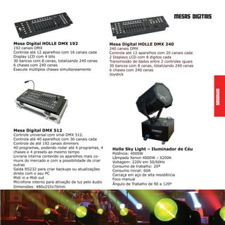 spot 575 hl
MovingHeads
Lâmpada HTI 575
DMX 512 – 26 ou 16 canais (selecione pelo display)
Sensor de Áudio / Função Master/Slave
Pan: 540º / Tilt: 270º - 8/16 bit de resolução
2 Discos de gobo, sendo 1 rotativo (6 gobos intercambiáveis, in-
dexáveis + branco) e 1 estático (7 Intercambiáveis + branco)
Função Gobo Shake
2 Discos de Cor que podem ser combinados, sendo 1 (7 cores +
branco) e 2 (6 cores + filtro de correção + branco)
Efeito rainbow em ambas direções
Prisma rotativo de 3 faces com velocidade de rotação ajustável
Foco motorizado, Zoom motorizado em 13-27º
Dimmer mecânico: 0-100% e strobo
Tilt Lock (Trava) para um transporte
seguro do equipamento
 