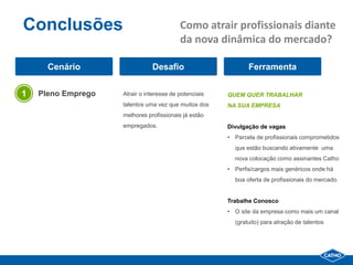 Conclusões                                Como atrair profissionais diante
                                          da nova dinâmica do mercado?

      Cenário                  Desafio                        Ferramenta


1   Pleno Emprego   Atrair o interesse de potenciais   QUEM QUER TRABALHAR
                    talentos uma vez que muitos dos    NA SUA EMPRESA
                    melhores profissionais já estão
                    empregados.                        Divulgação de vagas
                                                       • Parcela de profissionais comprometidos
                                                         que estão buscando ativamente uma
                                                         nova colocação como assinantes Catho
                                                       • Perfis/cargos mais genéricos onde há
                                                         boa oferta de profissionais do mercado.


                                                       Trabalhe Conosco
                                                       • O site da empresa como mais um canal
                                                         (gratuito) para atração de talentos
 