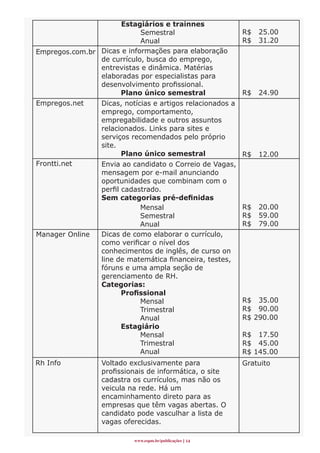 Estagiários e trainnes
                            Semestral                      R$   25.00
                            Anual                          R$   31.20
Empregos.com.br Dicas e informações para elaboração
                de currículo, busca do emprego,
                entrevistas e dinâmica. Matérias
                elaboradas por especialistas para
                desenvolvimento profissional.
                       Plano único semestral               R$   24.90
Empregos.net    Dicas, notícias e artigos relacionados a
                emprego, comportamento,
                empregabilidade e outros assuntos
                relacionados. Links para sites e
                serviços recomendados pelo próprio
                site.
                       Plano único semestral               R$   12.00
Frontti.net     Envia ao candidato o Correio de Vagas,
                mensagem por e-mail anunciando
                oportunidades que combinam com o
                perfil cadastrado.
                Sem	categorias	pré-definidas	
                            Mensal                         R$   20.00
                            Semestral                      R$   59.00
                            Anual                          R$   79.00
Manager Online  Dicas de como elaborar o currículo,
                como verificar o nível dos
                conhecimentos de inglês, de curso on
                line de matemática financeira, testes,
                fóruns e uma ampla seção de
                gerenciamento de RH.
                Categorias:
                	      Profissional	
                            Mensal                         R$ 35.00
                            Trimestral                     R$ 90.00
                            Anual                          R$ 290.00
                       Estagiário
                            Mensal                         R$ 17.50
                            Trimestral                     R$ 45.00
                            Anual                          R$ 145.00
Rh Info           Voltado exclusivamente para              Gratuito
                  profissionais de informática, o site
                  cadastra os currículos, mas não os
                  veicula na rede. Há um
                  encaminhamento direto para as
                  empresas que têm vagas abertas. O
                  candidato pode vasculhar a lista de
                  vagas oferecidas.

                           www.espm.br/publicações 1
 