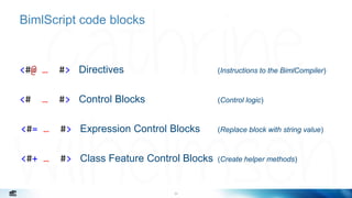 36
BimlScript syntax: Control Blocks
<Biml xmlns="http://schemas.varigence.com/biml.xsd">
<Packages>
<# foreach (var table...