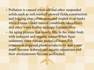 Pollution is caused when silt and other suspended solids,such as soil,washoff plowed fields,construction and logging sites,yrban areas,and eroded river banks when it rains.Under natural conditions,lakes,rivers and other water bodies undergo EutropicationAn aging process that slowly fills in the water body with sediment and organic matter.When these sediments enter various bodies of water,fish respiration impaired,plants productivity and water depth become reduced,and aquatic organisms and their environments become suffocated.