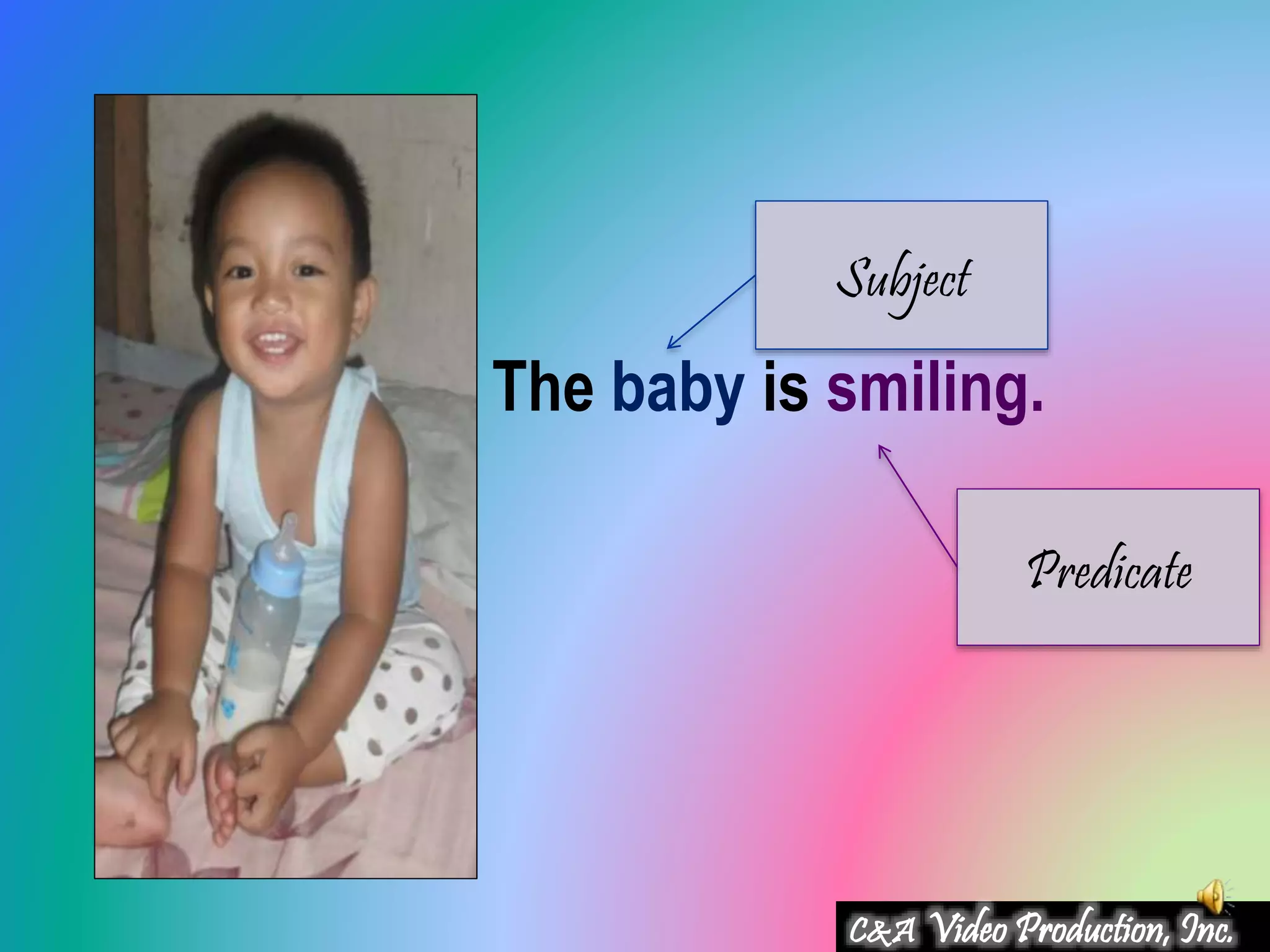The baby is smiling.
Subject
Predicate
C&A Video Production, Inc.
 