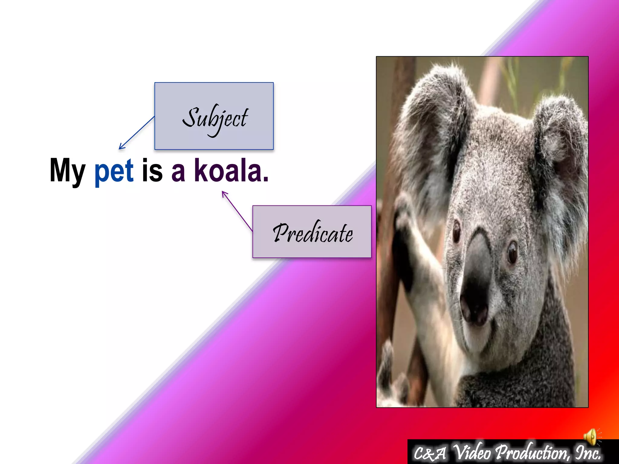 My pet is a koala.
Subject
Predicate
C&A Video Production, Inc.
 