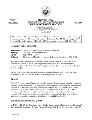 Cathy Takase's Opinion on Releasing Honolulu City Salaries