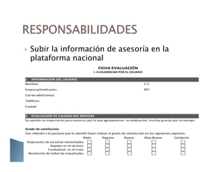 }  Subir la información de asesoría en la
plataforma nacional
 