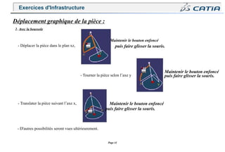 Page 41
- Déplacer la pièce dans le plan xz, puis faire glisser la souris.
- Tourner la pièce selon l’axe y
Déplacement graphique de la pièce :
2. Avec la boussole
Maintenir le bouton enfoncé
Maintenir le bouton enfoncé
puis faire glisser la souris.
- Translater la pièce suivant l’axe x, Maintenir le bouton enfoncé
puis faire glisser la souris.
- D'autres possibilités seront vues ultérieurement.
Exercices d'Infrastructure
 