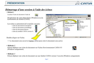 Page 8
Localiser l'icône de document à l'aide de ,
l'Explorateur de votre plate-forme (Windows) ou du
Gestionnaire de fichiers (UNIX).
Les icônes se présentent de la manière suivante:
– icône de document Conception :
– icône de document Assemblage:
– icône de document Dessin :
– icône de modèle CATIA version 4 :
Double-cliquer sur l'icône.
=> Le document sera ouvert et l'atelier utilisé pour créer le document sera activé.
• Méthode 2
Glisser-déplacer une icône de document sur l'icône d'environnement CATIA V5
(Windows uniquement).
• Méthode 3
Glisser-déplacer une icône de document sur une fenêtre CATIA version 5 ouverte (Windows uniquement).
Démarrage d’une session à l’aide des icônes
• Méthode 1
PRÉSENTATION
 