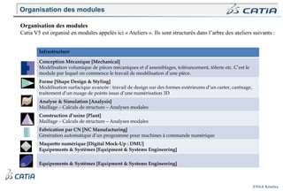 ENSA Kénitra
Infrastructure
Conception Mécanique [Mechanical]
Modélisation volumique de pièces mécaniques et d’assemblages, tolérancement, tôlerie etc. C’est le
module par lequel on commence le travail de modélisation d’une pièce.
Forme [Shape Design & Styling]
Modélisation surfacique avancée : travail de design sur des formes extérieures d’un carter, carénage,
traitement d’un nuage de points issus d’une numérisation 3D
Analyse & Simulation [Analysis]
Maillage – Calculs de structure – Analyses modales
Construction d’usine [Plant]
Maillage – Calculs de structure – Analyses modales
Fabrication par CN [NC Manufacturing]
Génération automatique d’un programme pour machines à commande numérique
Maquette numérique [Digital Mock-Up : DMU]
Equipements & Systèmes [Equipment & Systems Engineering]
Equipements & Systèmes [Equipment & Systems Engineering]
Organisation des modules
Catia V5 est organisé en modules appelés ici « Ateliers ». Ils sont structurés dans l’arbre des ateliers suivants :
Organisation des modules
 