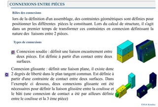 Introduction
ENSA Kénitra
CONNEXIONS ENTRE PIÈCES
Rôles des connexions
lors de la définition d'un assemblage, des contraintes géométriques sont définies pour
positionner les différentes pièces le constituant. Lors du calcul de structure, il s'agit
dans un premier temps de transformer ces contraintes en connexion définissant la
nature des liaisons entre 2 pièces.
Types de connexions
Connexion soudée : définit une liaison encastrement entre
deux pièces. Est définie à partir d'un contact entre deux
surfaces.
Connexion glissante : définit une liaison plane, il existe donc
2 degrés de liberté dans le plan tangent commun. Est définie à
partir d'une contrainte de contact entre deux surfaces. Dans
l’exemple ci dessous, deux connexions glissante ont été
nécessaires pour définir la liaison glissière entre la coulisse et
le bâti (une connexion de contact a été par ailleurs définie
entre le coulisse et la 3 ème pièce)
 