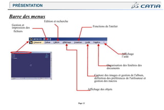 Page 13
Fonctions de l'atelier
Gestion et
impression des
fichiers
Affichage
l’aide
Organisation des fenêtres des
documents
Capture des images et gestion de l'album,
définition des préférences de l'utilisateur et
gestion des macros
Affichage des objets
Edition et recherche
Barre des menus
PRÉSENTATION
 