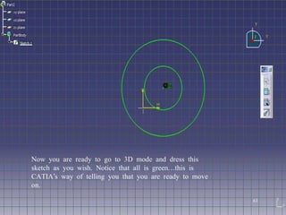 Now you are ready to go to 3D mode and dress this sketch as you wish. Notice that all is green…this is CATIA’s way of telling you that you are ready to move on. 63 