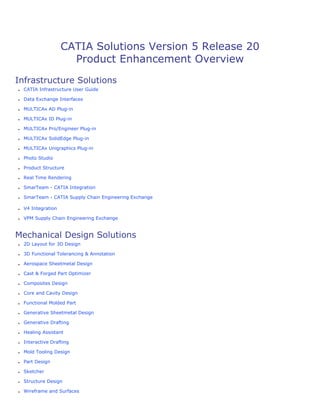 CATIA Solutions Version 5 Release 20
Product Enhancement Overview
Infrastructure Solutions
● CATIA Infrastructure User Guide
● Data Exchange Interfaces
● MULTICAx AD Plug-in
● MULTICAx ID Plug-in
● MULTICAx Pro/Engineer Plug-in
● MULTICAx SolidEdge Plug-in
● MULTICAx Unigraphics Plug-in
● Photo Studio
● Product Structure
● Real Time Rendering
● SmarTeam - CATIA Integration
● SmarTeam - CATIA Supply Chain Engineering Exchange
● V4 Integration
● VPM Supply Chain Engineering Exchange
Mechanical Design Solutions
● 2D Layout for 3D Design
● 3D Functional Tolerancing & Annotation
● Aerospace Sheetmetal Design
● Cast & Forged Part Optimizer
● Composites Design
● Core and Cavity Design
● Functional Molded Part
● Generative Sheetmetal Design
● Generative Drafting
● Healing Assistant
● Interactive Drafting
● Mold Tooling Design
● Part Design
● Sketcher
● Structure Design
● Wireframe and Surfaces
 