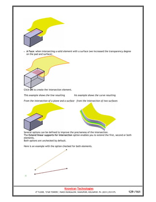 •   A Face: when intersecting a solid element with a surface (we increased the transparency degree
    on the pad and surface)




Click OK to create the intersection element.

This example shows the line resulting              his example shows the curve resulting

From the intersection of a plane and a surface from the intersection of two surfaces




Several options can be defined to improve the preciseness of the intersection.
The Extend linear supports for intersection option enables you to extend the first, second or both
elements.
Both options are unchecked by default.

Here is an example with the option checked for both elements.




                                         Knowtran Technologies
            4th FLOOR, ‘STAR TOWERS’, PANCH BUNGALOW, SHAHUPURI, KOLHAPUR. Ph: (0231) 2531375.   129 /161
 