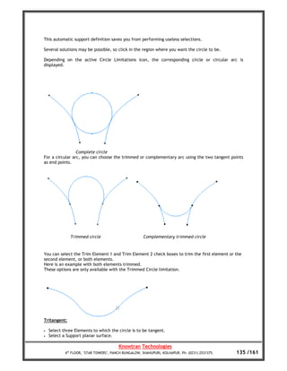 This automatic support definition saves you from performing useless selections.

Several solutions may be possible, so click in the region where you want the circle to be.

Depending on the active Circle Limitations icon, the corresponding circle or circular arc is
displayed.




                 Complete circle
For a circular arc, you can choose the trimmed or complementary arc using the two tangent points
as end points.




               Trimmed circle                          Complementary trimmed circle


You can select the Trim Element 1 and Trim Element 2 check boxes to trim the first element or the
second element, or both elements.
Here is an example with both elements trimmed.
These options are only available with the Trimmed Circle limitation.




Tritangent:

•   Select three Elements to which the circle is to be tangent.
•   Select a Support planar surface.

                                         Knowtran Technologies
            4th FLOOR, ‘STAR TOWERS’, PANCH BUNGALOW, SHAHUPURI, KOLHAPUR. Ph: (0231) 2531375.   135 /161
 