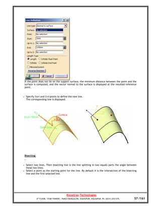 If the point does not lie on the support surface, the minimum distance between the point and the
    surface is computed, and the vector normal to the surface is displayed at the resulted reference
    point.


•    Specify Start and End points to define the new line.
     The corresponding line is displayed.




    Bisecting:


•    Select two lines. Their bisecting line is the line splitting in two equals parts the angle between
     these two lines.
•    Select a point as the starting point for the line. By default it is the intersection of the bisecting
     line and the first selected line.




                                              Knowtran Technologies
                 4th FLOOR, ‘STAR TOWERS’, PANCH BUNGALOW, SHAHUPURI, KOLHAPUR. Ph: (0231) 2531375.     57 /161
 