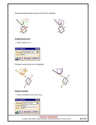 The plane passing through the point and the line is displayed.




Through Planar Curve:

 •   Select a planar Curve.




The plane containing the curve is displayed.




Tangent to Surface:

 •   Select a reference Surface and a Point.




                                         Knowtran Technologies
            4th FLOOR, ‘STAR TOWERS’, PANCH BUNGALOW, SHAHUPURI, KOLHAPUR. Ph: (0231) 2531375.   62 /161
 