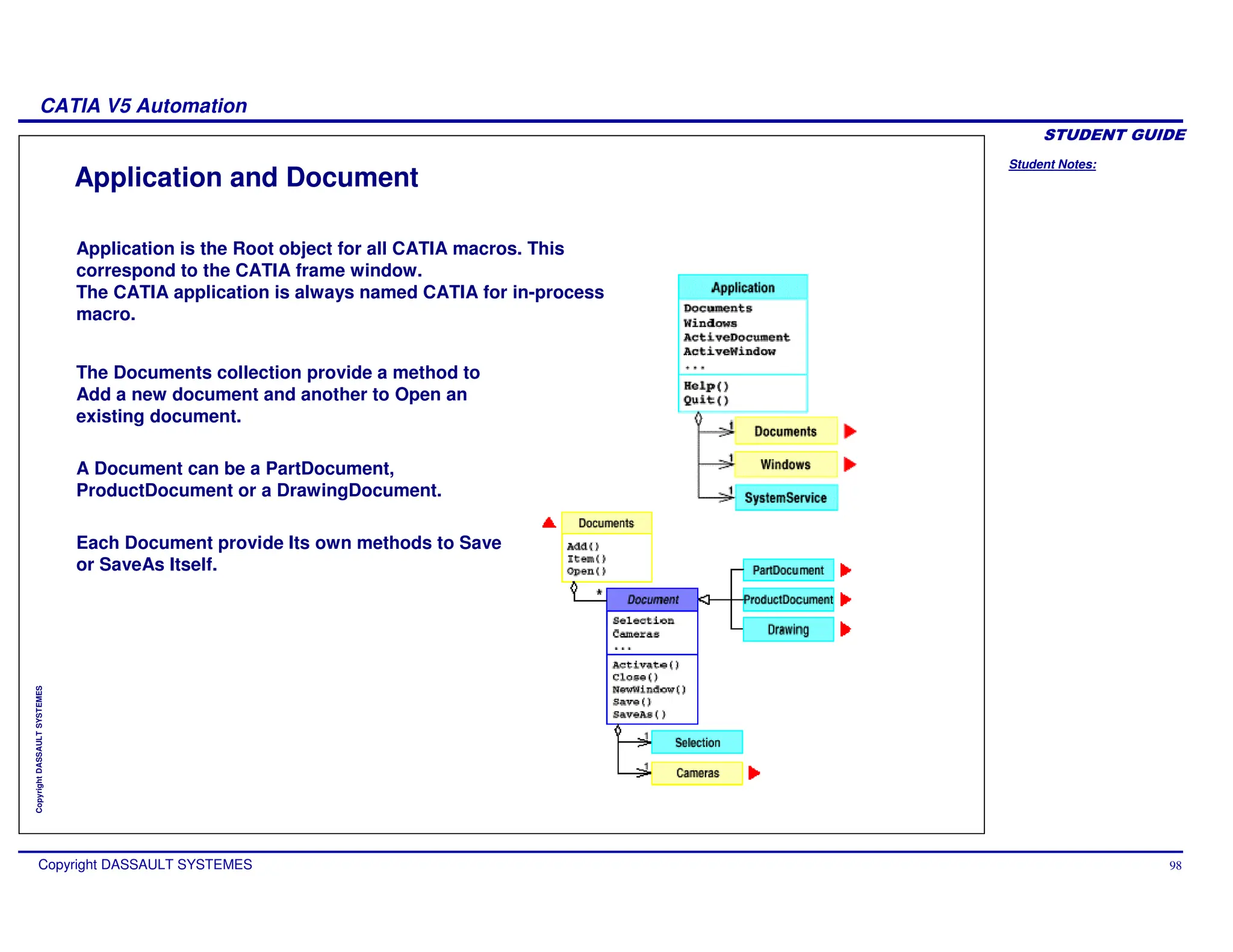 Student Notes:
CATIA V5 Automation
Copyright DASSAULT SYSTEMES 98
Copyright
DASSAULT
SYSTEMES
Application and Document
Application is the Root object for all CATIA macros. This
correspond to the CATIA frame window.
The CATIA application is always named CATIA for in-process
macro.
The Documents collection provide a method to
Add a new document and another to Open an
existing document.
A Document can be a PartDocument,
ProductDocument or a DrawingDocument.
Each Document provide Its own methods to Save
or SaveAs Itself.
 