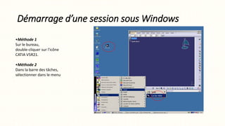 Démarrage d’une session sous Windows
•Méthode 1
Sur le bureau,
double-cliquer sur l'icône
CATIA V5R21.
•Méthode 2
Dans la barre des tâches,
sélectionner dans le menu
 