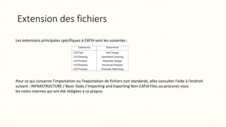 Extension des fichiers
Les extensions principales spécifiques à CATIA sont les suivantes :
Pour ce qui concerne l’importation ou l’exportation de fichiers non standards, allez consulter l’aide à l’endroit
suivant : INFRASTRUCTURE / Basic Tasks / Importing and Exporting Non-CATIA Files ou procurez-vous
les notes internes qui ont été rédigées à ce propos.
 