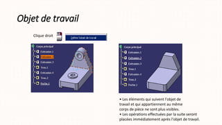 Objet de travail
• Les éléments qui suivent l'objet de
travail et qui appartiennent au même
corps de pièce ne sont plus visibles.
• Les opérations effectuées par la suite seront
placées immédiatement après l'objet de travail.
Clique droit
 