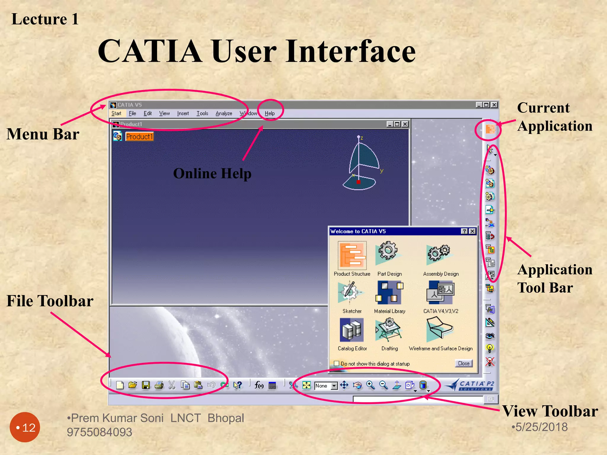 CATIA User Interface
Menu Bar
View Toolbar
Application
Tool Bar
File Toolbar
Current
Application
Online Help
Lecture 1
•5/25/2018•12
•Prem Kumar Soni LNCT Bhopal
9755084093
 