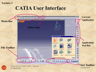 CATIA User Interface
Menu Bar
View Toolbar
Application
Tool Bar
File Toolbar
Current
Application
Online Help
Lecture 1
•5/25/2018•12
•Prem Kumar Soni LNCT Bhopal
9755084093
 