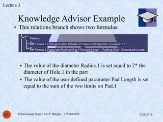 Knowledge Advisor Example
5/25/2018Prem Kumar Soni LNCT Bhopal 975508409366
 This relations branch shows two formulas:
 The value of the diameter Radius.1 is set equal to 2* the
diameter of Hole.1 in the part
 The value of the user defined parameter Pad Length is set
equal to the sum of the two limits on Pad.1
Lecture 3
 