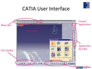CATIA User Interface
Menu Bar
View Toolbar
Application
Tool Bar
File Toolbar
Current
Application
Online Help
Lecture 1
•5
 