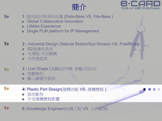 Confidential Information
1 :協同設計與資料保護 (Data-Base VS. File-Base )
Global Collaborative Innovation
Lifelike Experience
Single PLM platform for IP Management
2 : Industrial Design (Natural Sketch/Sub Division VS. FreeStyle)
G2連續性曲面
可薄殼,可加機構
可快速提案
3 : Live Shape (直觀設計VS. 參數式設計)
直觀操作
輸入圖檔可修改
4: Plastic Part Design(建構功能 VS. 建構歷程 )
依功能性
不受建構歷程影響
5: Knowledge Engineer(知識工程 VS. 人力資源)
簡介
 