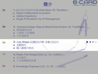 Confidential Information
1 :協同設計與資料保護 (Data-Base VS. File-Base )
Global Collaborative Innovation
Lifelike Experience
Single PLM platform for IP Management
2 : Industrial Design (Natural Sketch/Sub Division VS. FreeStyle)
G2連續性曲面
可薄殼,可加機構
可快速提案
3 : Live Shape (直觀設計VS. 參數式設計)
直觀操作
輸入圖檔可修改
4: Plastic Part Design(建構功能 VS. 建構歷程 )
依功能性
不受建構歷程影響
5: Knowledge Engineer(知識工程 VS. 人力資源)
簡介
 